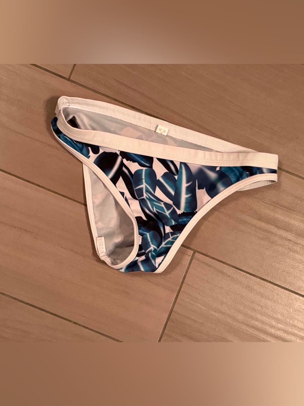 Women’s Blue Tropical Leaf Bikini Bottom - White Trim